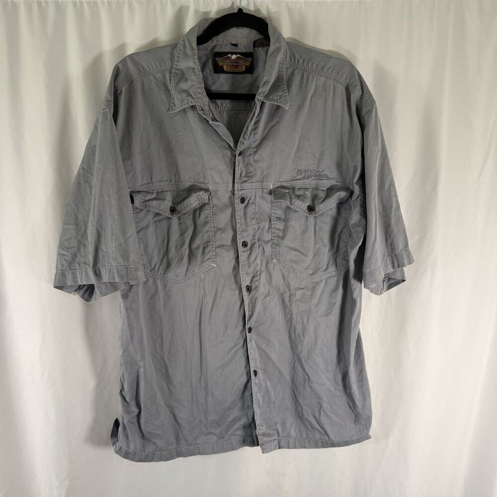 Harley Davidson Button Down Shirt Men's XL Gray Short Sleeve Collared Pockets